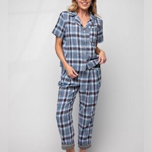 348 - Easel Blue Plaid Short Sleeve Pajama/Lounge Set